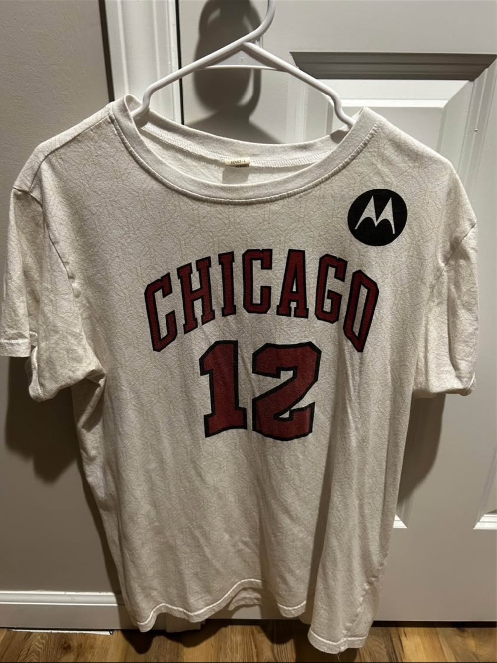 Motorola White Tee with Red Chicago Graphic and Number 12